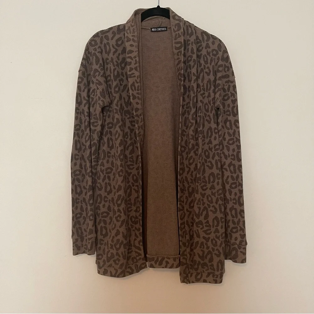 3/15💚 Miss Chiveous Waffle Knit Open Cardigan Taupe Brown Leopard Animal Print - Picture 6 of 6